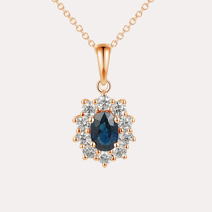 Oval Blue Sapphire Cluster Pendant Necklace In 18K Gold - The Jewelyst. - Oval Blue Sapphire Cluster Pendant Necklace In 18K Gold