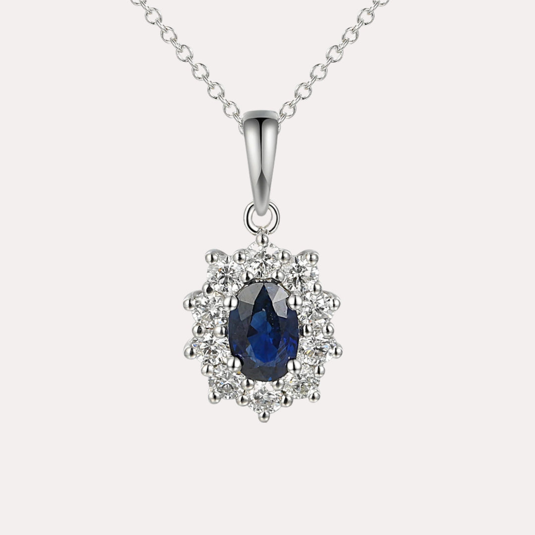 Oval Blue Sapphire Cluster Pendant Necklace In 18K Gold - The Jewelyst. - Oval Blue Sapphire Cluster Pendant Necklace In 18K Gold