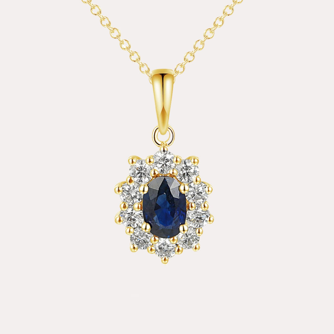 Oval Blue Sapphire Cluster Pendant Necklace In 18K Gold - The Jewelyst. - Oval Blue Sapphire Cluster Pendant Necklace In 18K Gold
