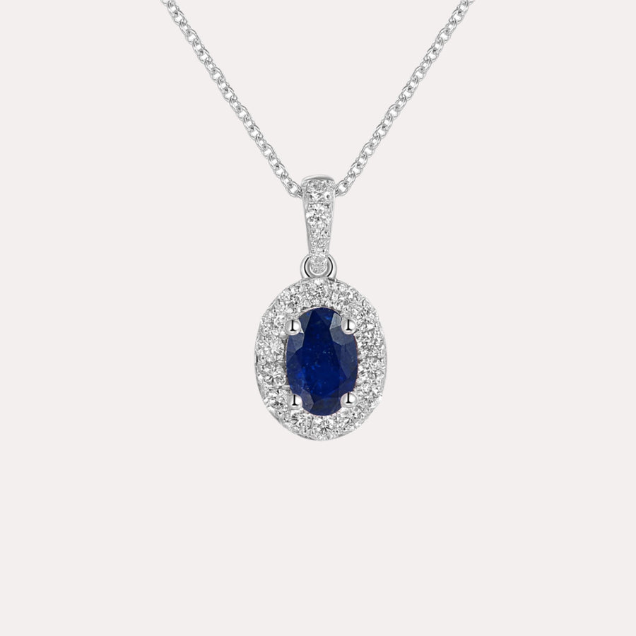 Oval Blue Sapphire & Diamond Halo Pendant Necklace In 18K Gold - The Jewelyst. - Oval Blue Sapphire & Diamond Halo Pendant Necklace In 18K Gold
