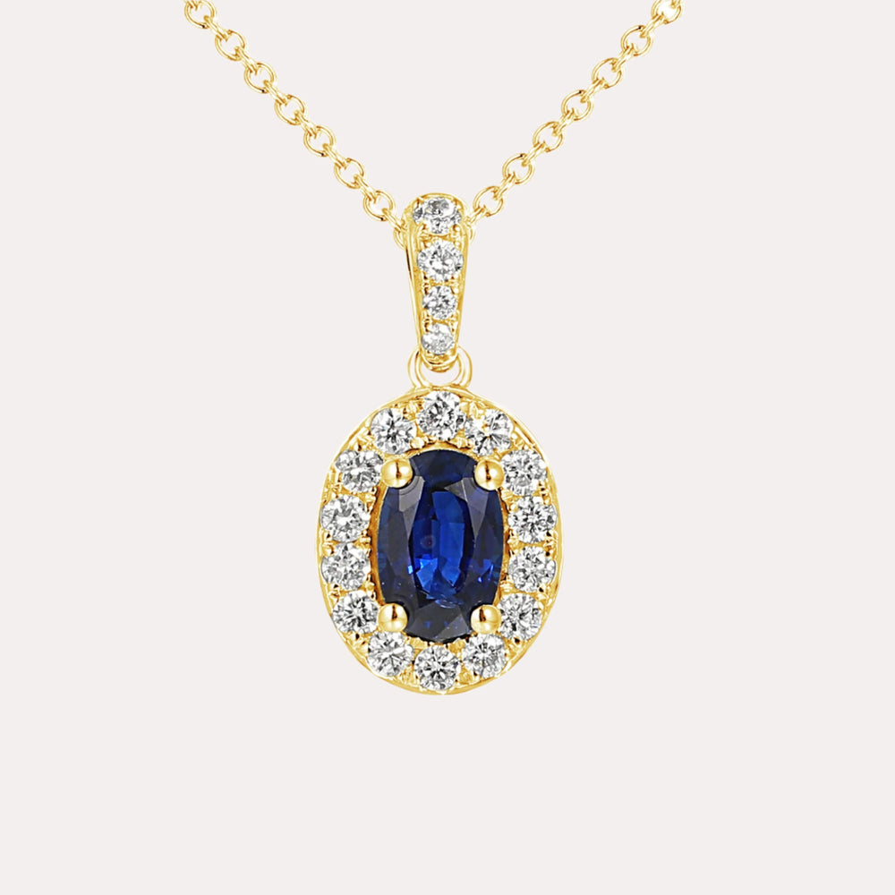 Oval Blue Sapphire & Diamond Halo Pendant Necklace In 18K Gold - The Jewelyst. - Oval Blue Sapphire & Diamond Halo Pendant Necklace In 18K Gold