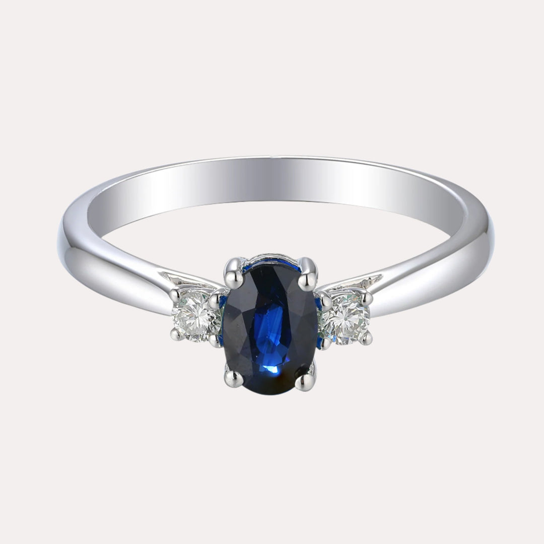 Oval Blue Sapphire & Round Diamond 3 Stone Ring - The Jewelyst. - Oval Blue Sapphire & Round Diamond 3 Stone Ring
