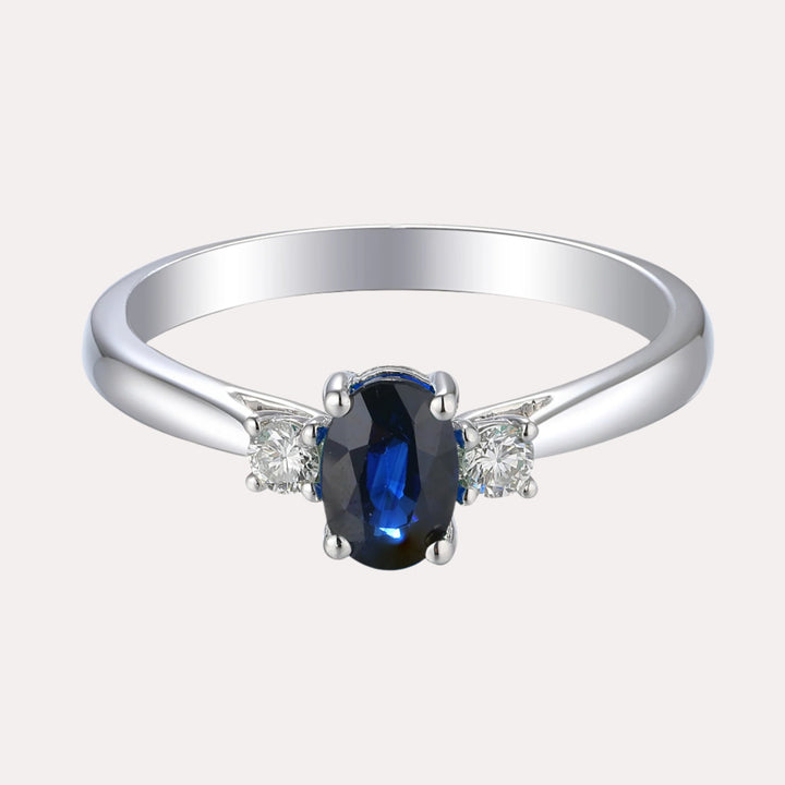 Oval Blue Sapphire & Round Diamond 3 Stone Ring - The Jewelyst. - Oval Blue Sapphire & Round Diamond 3 Stone Ring