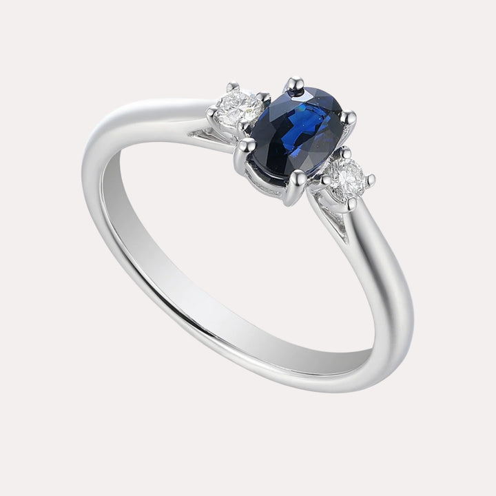 Oval Blue Sapphire & Round Diamond 3 Stone Ring - The Jewelyst. - Oval Blue Sapphire & Round Diamond 3 Stone Ring