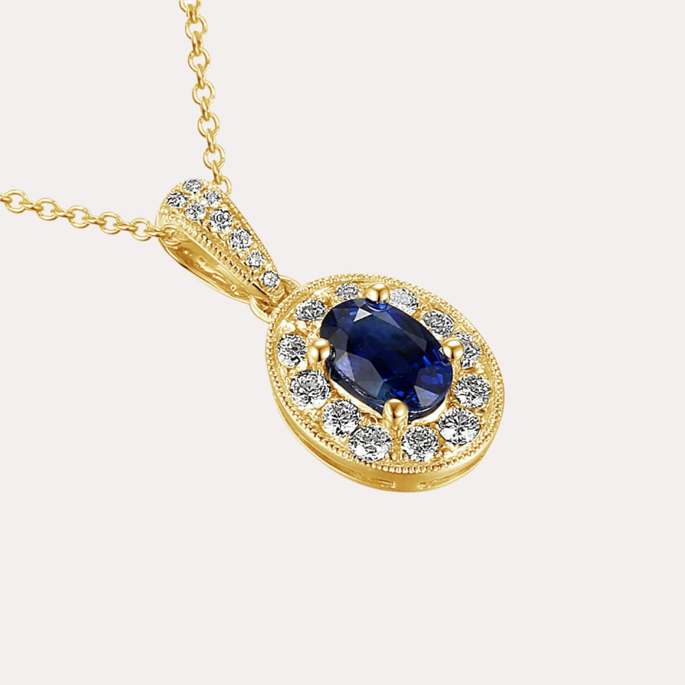 Oval Cut Blue Sapphire Halo Pendant Necklace In 18K Gold - The Jewelyst. - Oval Cut Blue Sapphire Halo Pendant Necklace In 18K Gold