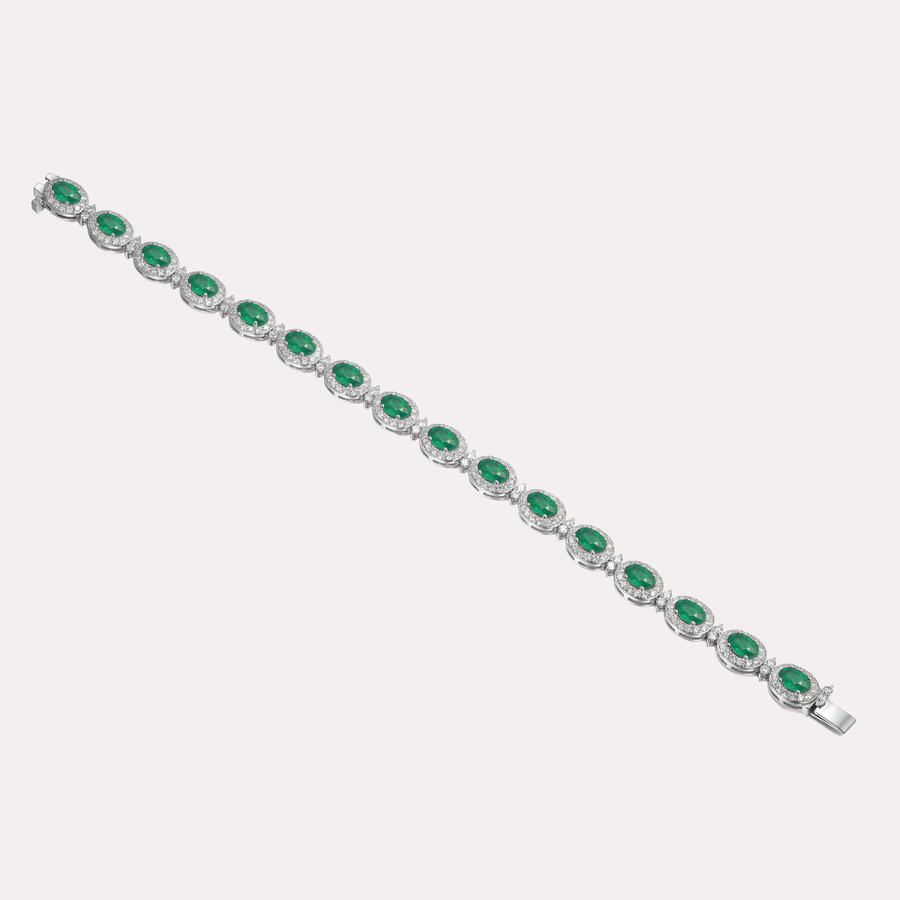 Oval Cut Emerald & Diamond Halo Tennis Bracelet In 18K Gold - The Jewelyst. - Oval Cut Emerald & Diamond Halo Tennis Bracelet In 18K Gold