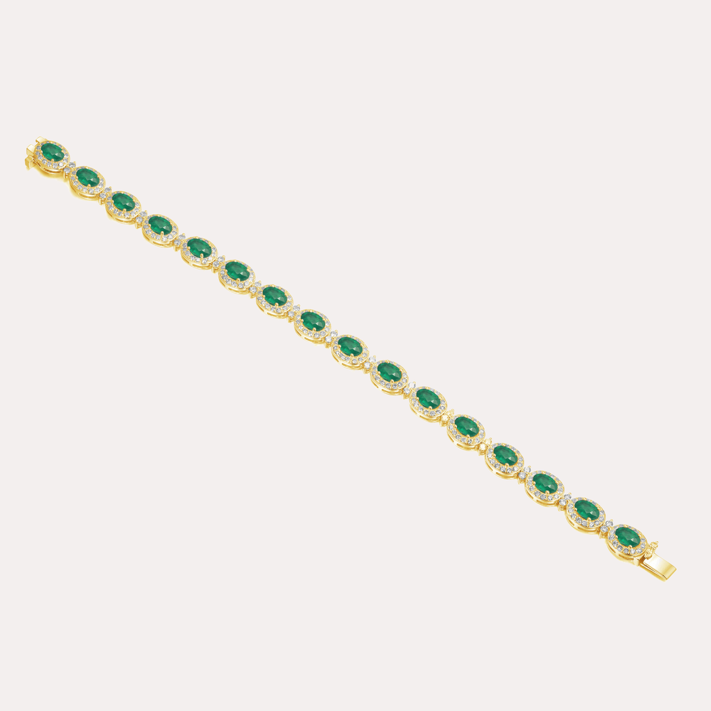 Oval Cut Emerald & Diamond Halo Tennis Bracelet In 18K Gold - The Jewelyst. - Oval Cut Emerald & Diamond Halo Tennis Bracelet In 18K Gold