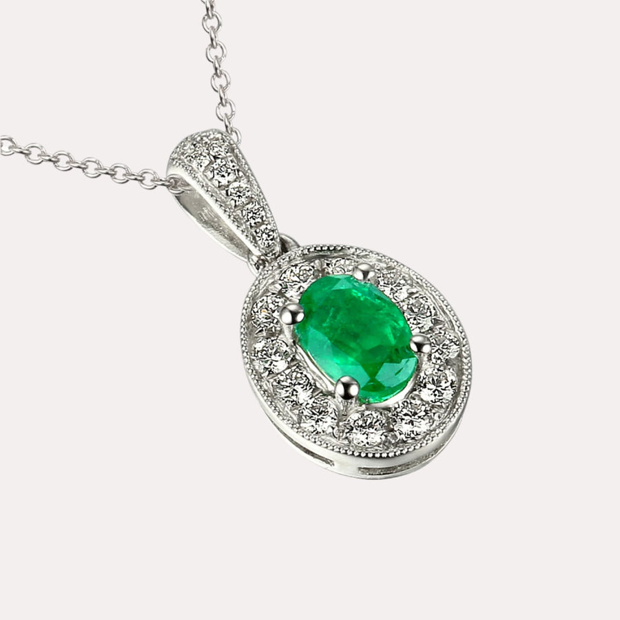 Oval Cut Emerald Halo Pendant Necklace In 18K Gold - The Jewelyst. - Oval Cut Emerald Halo Pendant Necklace In 18K Gold