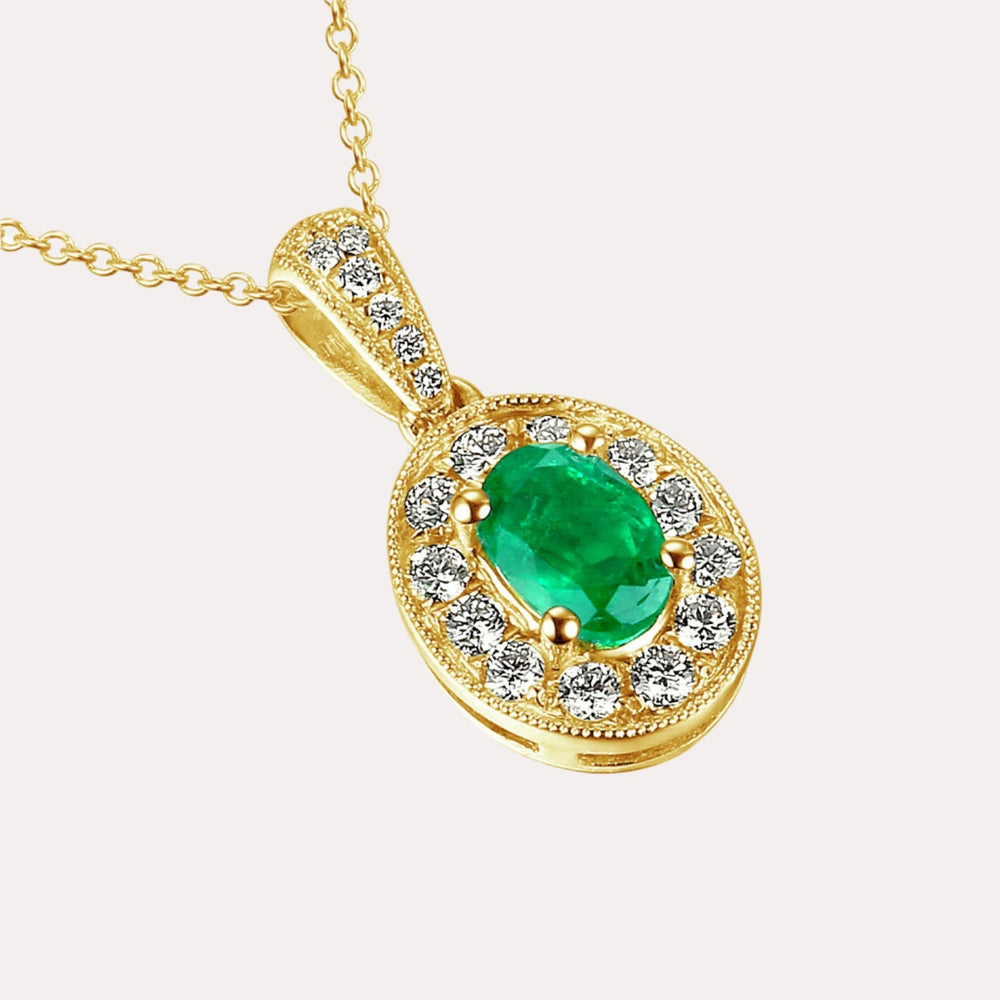 Oval Cut Emerald Halo Pendant Necklace In 18K Gold - The Jewelyst. - Oval Cut Emerald Halo Pendant Necklace In 18K Gold