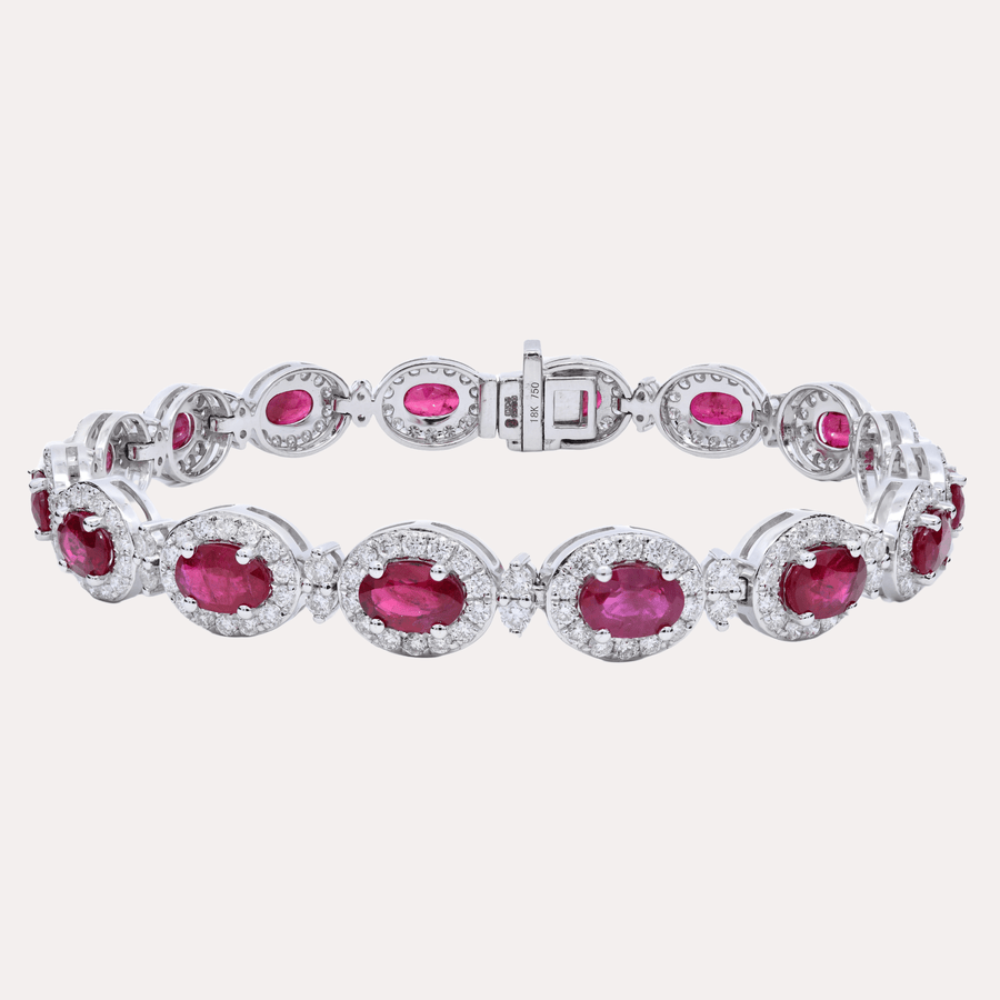 Oval Cut Ruby & Diamond Halo Tennis Bracelet In 18K Gold - The Jewelyst. - Oval Cut Ruby & Diamond Halo Tennis Bracelet In 18K Gold