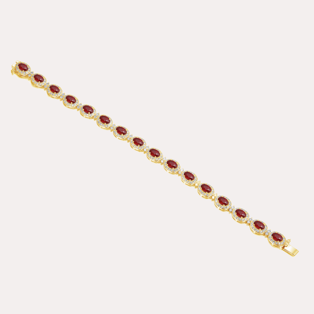 Oval Cut Ruby & Diamond Halo Tennis Bracelet In 18K Gold - The Jewelyst. - Oval Cut Ruby & Diamond Halo Tennis Bracelet In 18K Gold