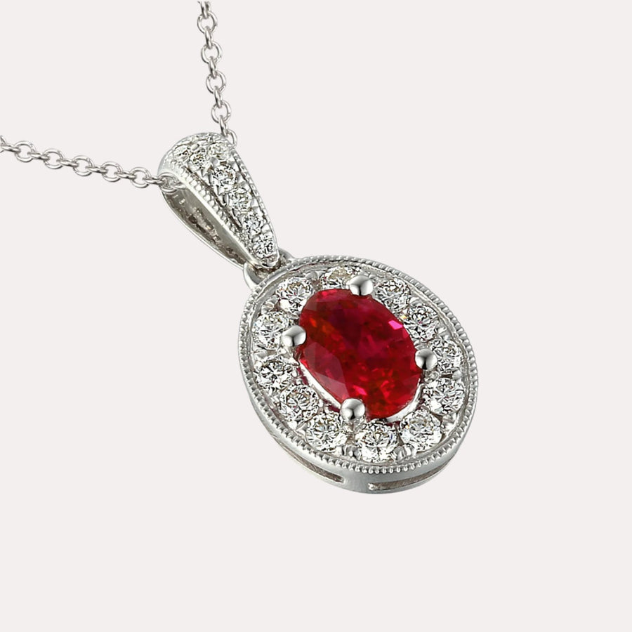 Oval Cut Ruby Halo Pendant Necklace In 18K Gold - The Jewelyst. - Oval Cut Ruby Halo Pendant Necklace In 18K Gold