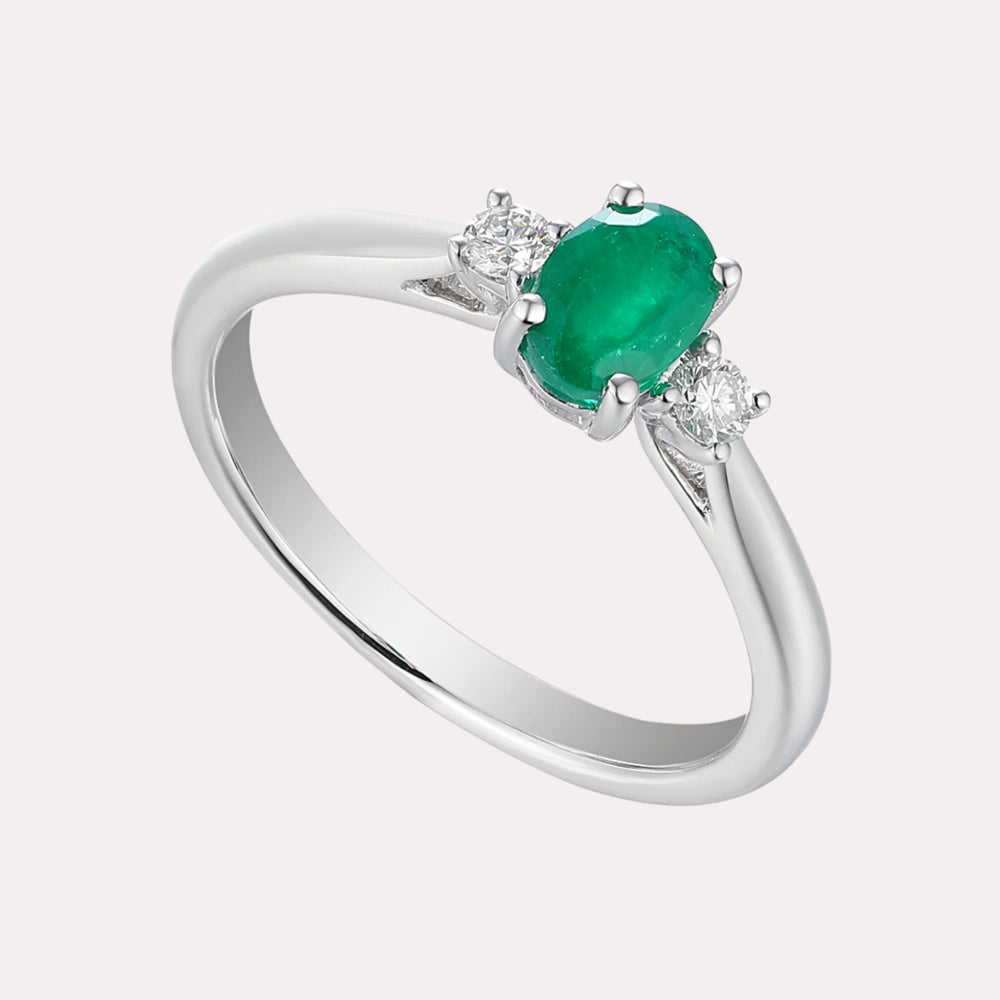 Oval Emerald & Round Diamond 3 Stone Ring - The Jewelyst. - Oval Emerald & Round Diamond 3 Stone Ring