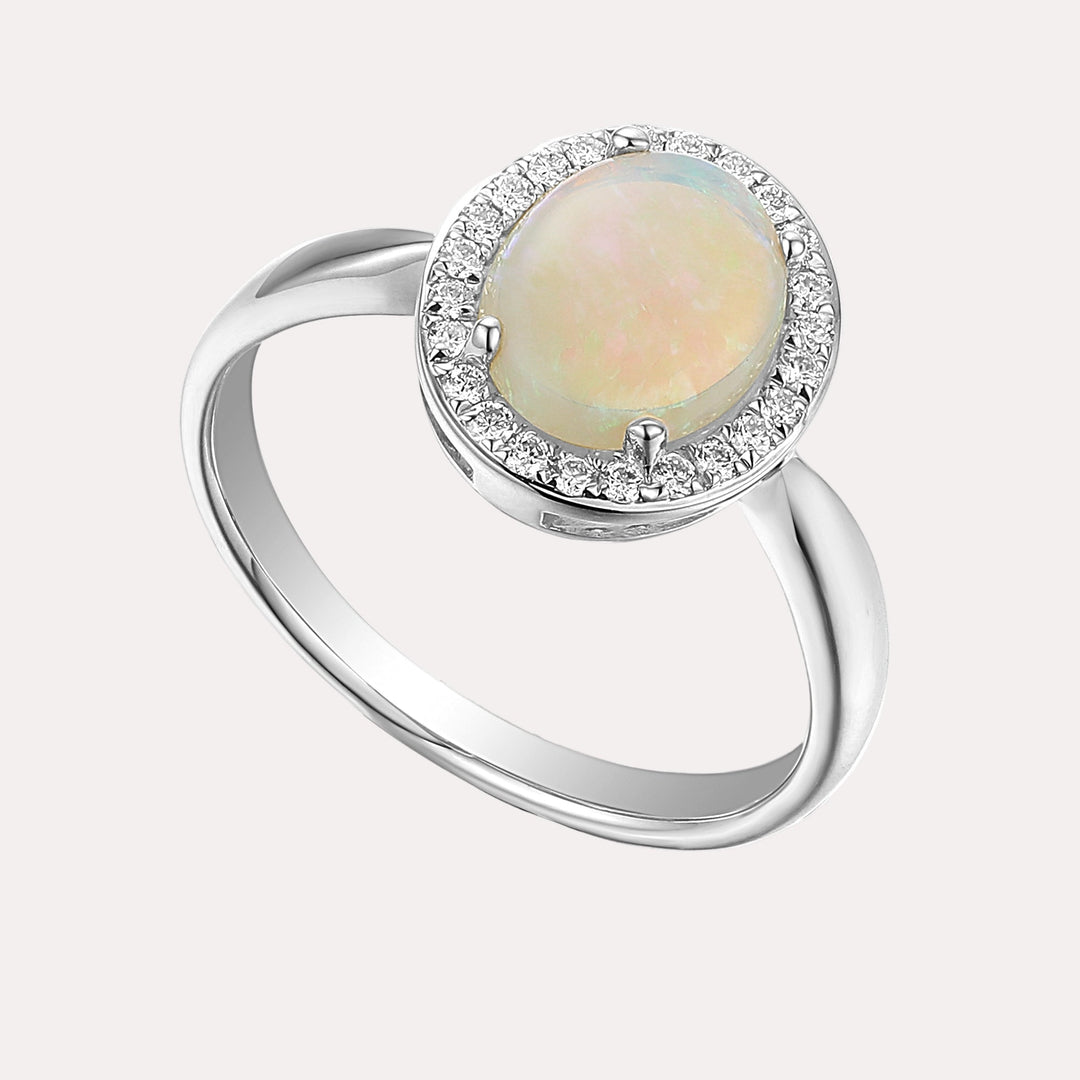 Oval Opal & Diamond Grain Set Halo Ring - The Jewelyst. - Oval Opal & Diamond Grain Set Halo Ring