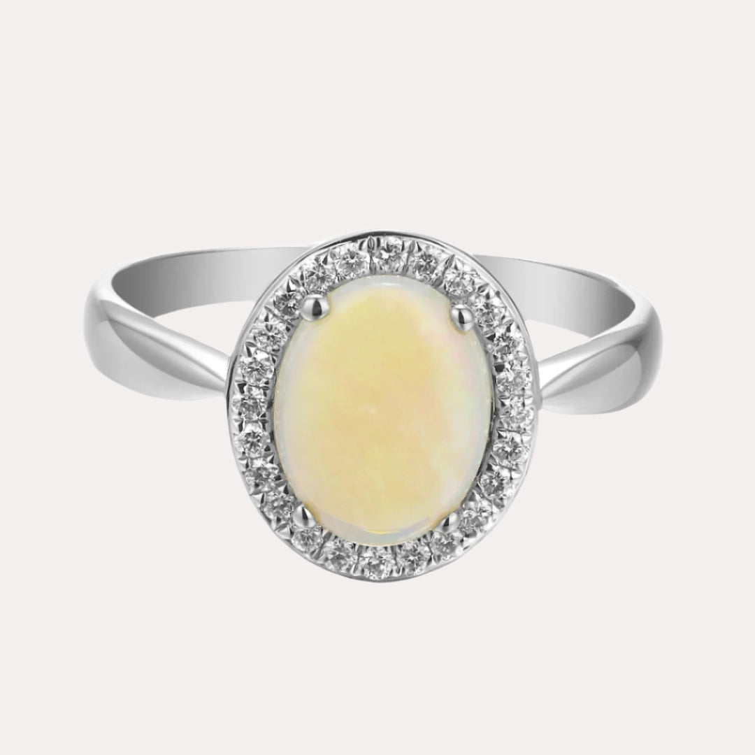 Oval Opal & Diamond Grain Set Halo Ring - The Jewelyst. - Oval Opal & Diamond Grain Set Halo Ring