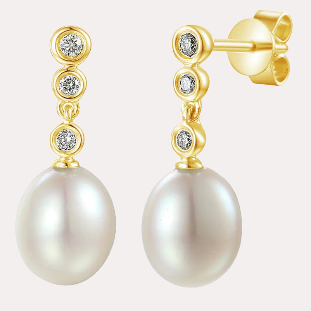 Oval Pearl Bubble Diamond Drop Earrings In 18K Gold - The Jewelyst. - Oval Pearl Bubble Diamond Drop Earrings In 18K Gold
