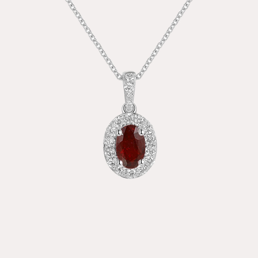Oval Ruby & Diamond Halo Pendant Necklace In 18K Gold - The Jewelyst. - Oval Ruby & Diamond Halo Pendant Necklace In 18K Gold