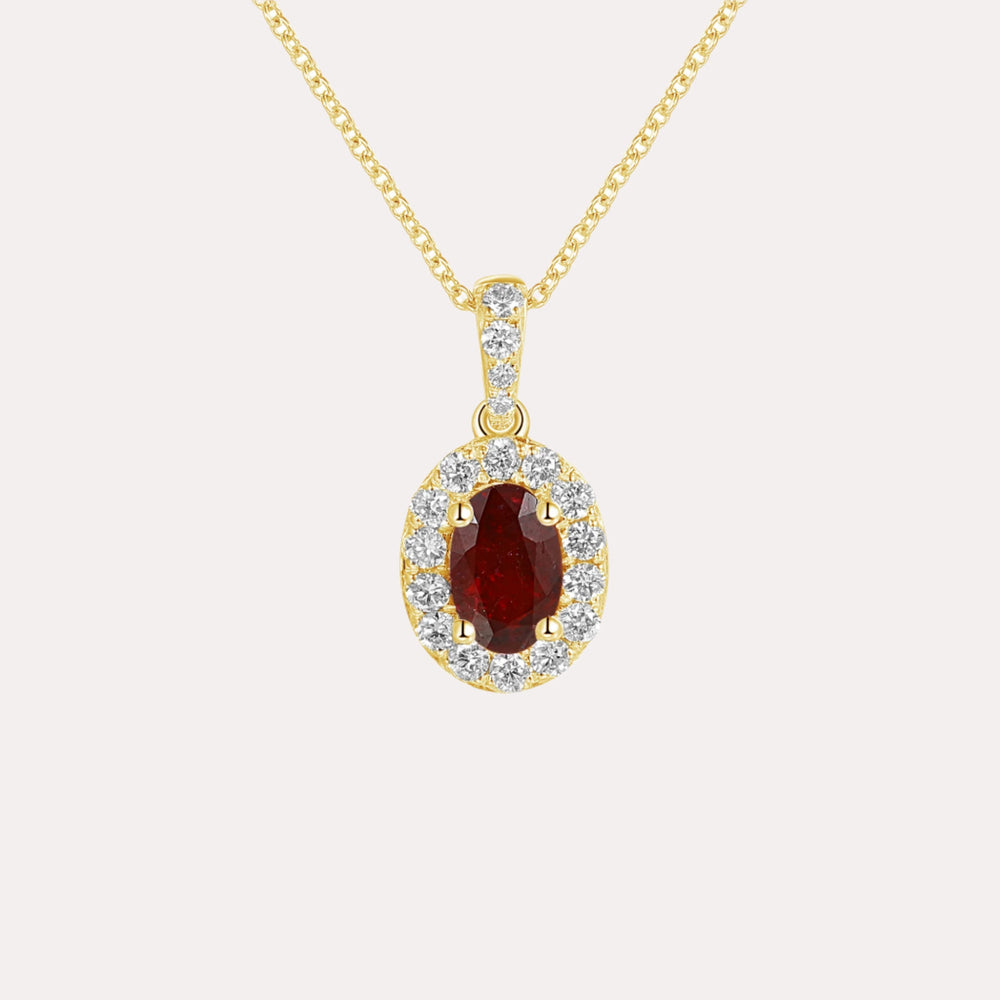 Oval Ruby & Diamond Halo Pendant Necklace In 18K Gold - The Jewelyst. - Oval Ruby & Diamond Halo Pendant Necklace In 18K Gold