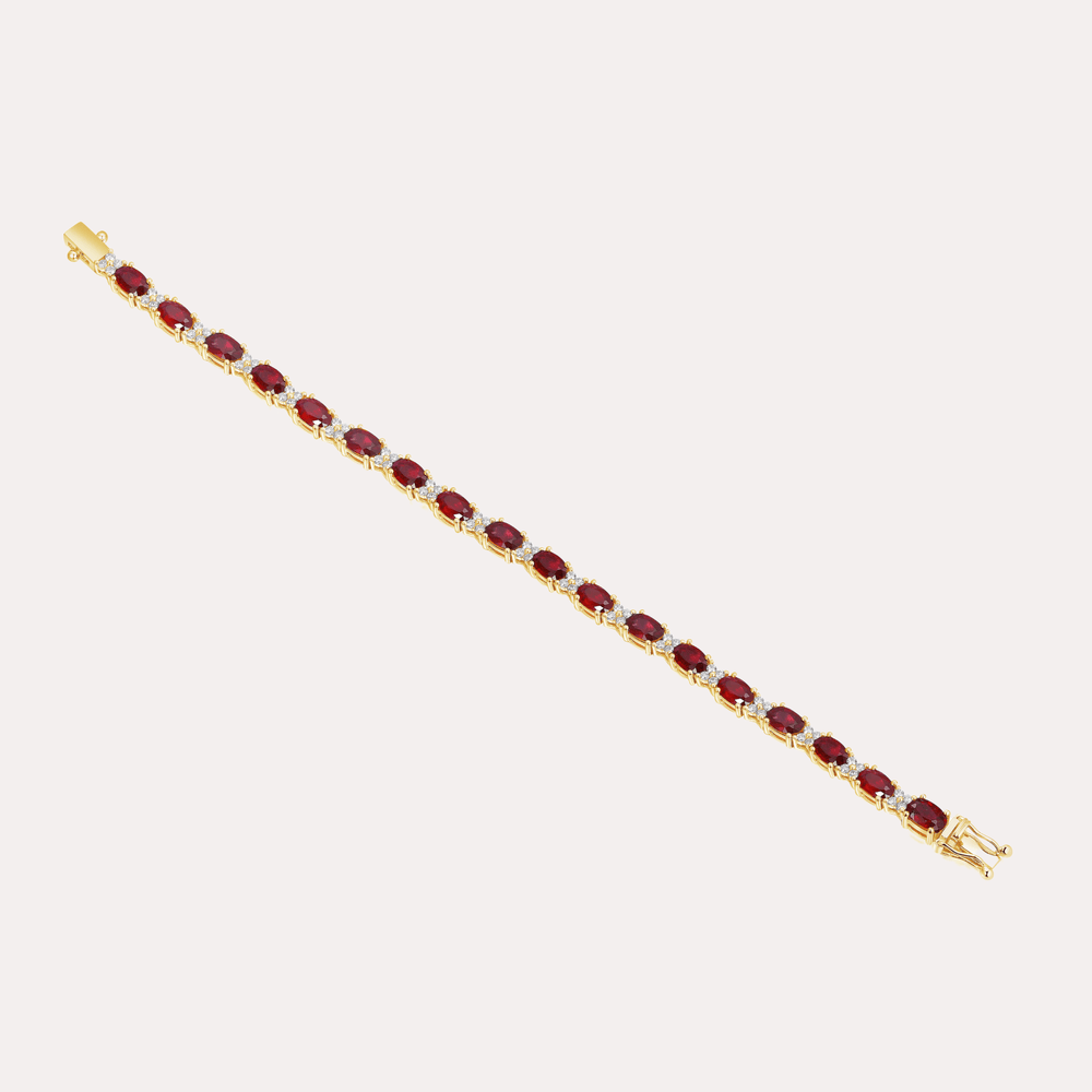 Oval Ruby & Round Brilliant Cut Tennis Bracelet In 18K Gold - The Jewelyst. - Oval Ruby & Round Brilliant Cut Tennis Bracelet In 18K Gold