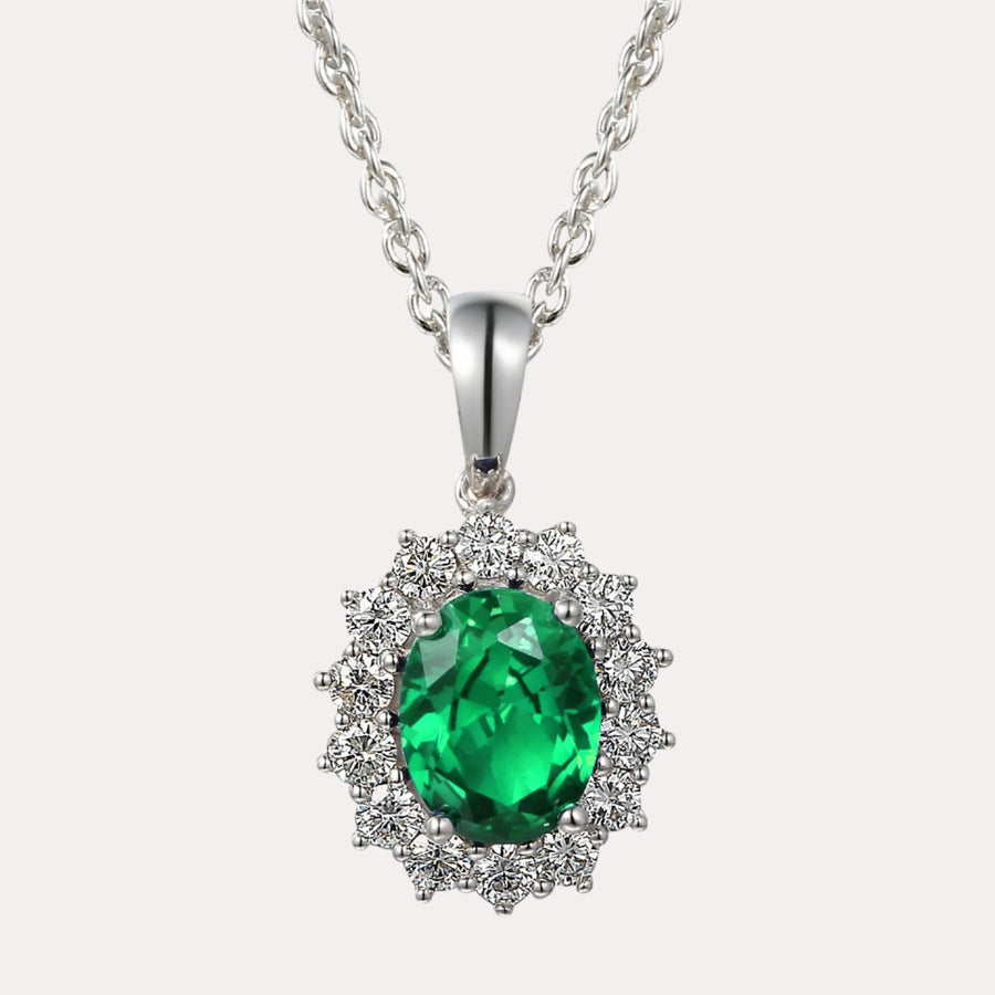 Oval Shape Emerald Halo Cluster Pendant Necklace In 18K Gold - The Jewelyst. - Oval Shape Emerald Halo Cluster Pendant Necklace In 18K Gold