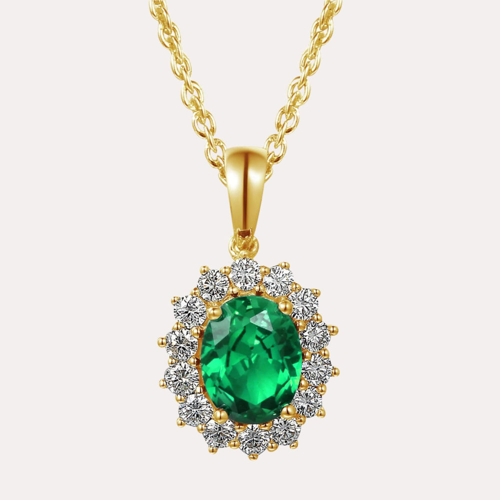 Oval Shape Emerald Halo Cluster Pendant Necklace In 18K Gold - The Jewelyst. - Oval Shape Emerald Halo Cluster Pendant Necklace In 18K Gold