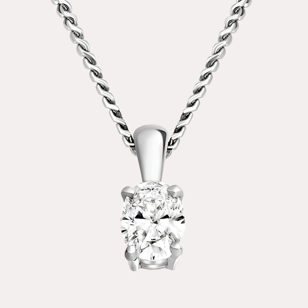 Oval Solitaire Diamond Pendant Necklace In 18K White Gold 