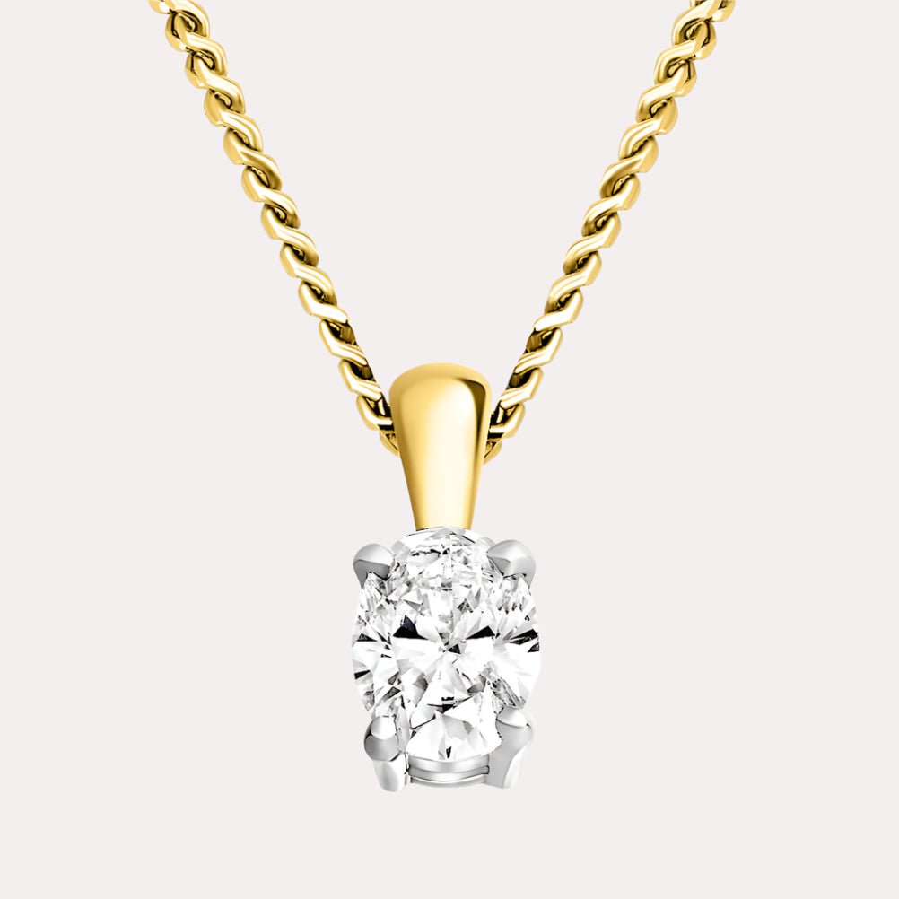 Oval Solitaire Diamond Pendant Necklace In 18K Yellow & White Gold