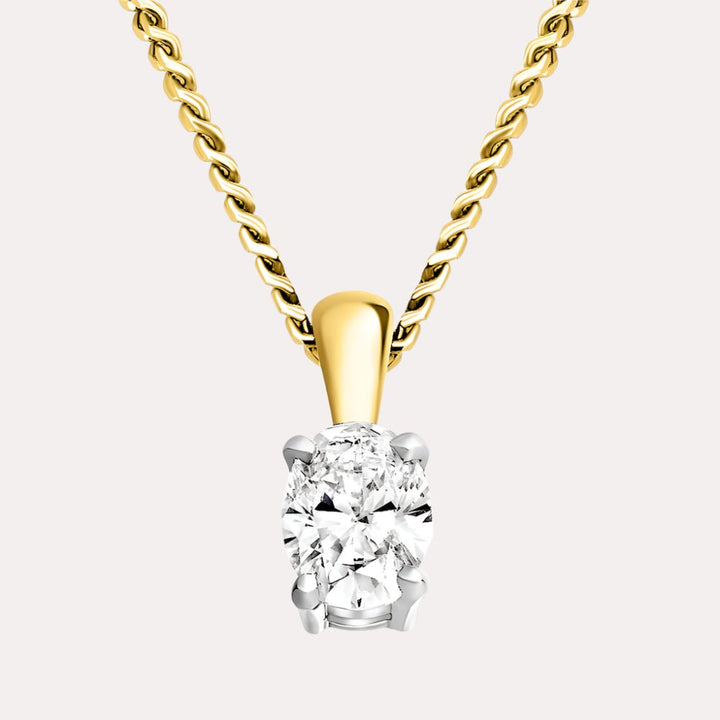 Oval Solitaire Diamond Pendant Necklace In 18K Yellow & White Gold