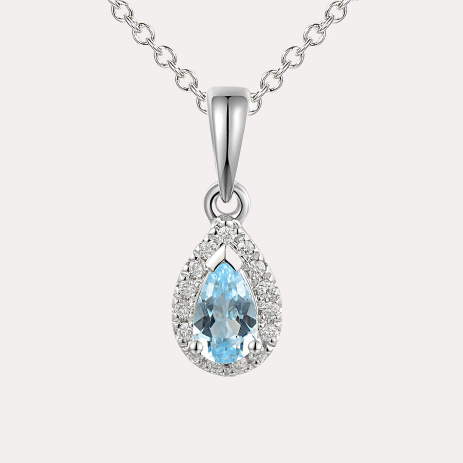 Pear Aquamarine Halo Pendant Necklace In 18K Gold - The Jewelyst. - Pear Aquamarine Halo Pendant Necklace In 18K Gold