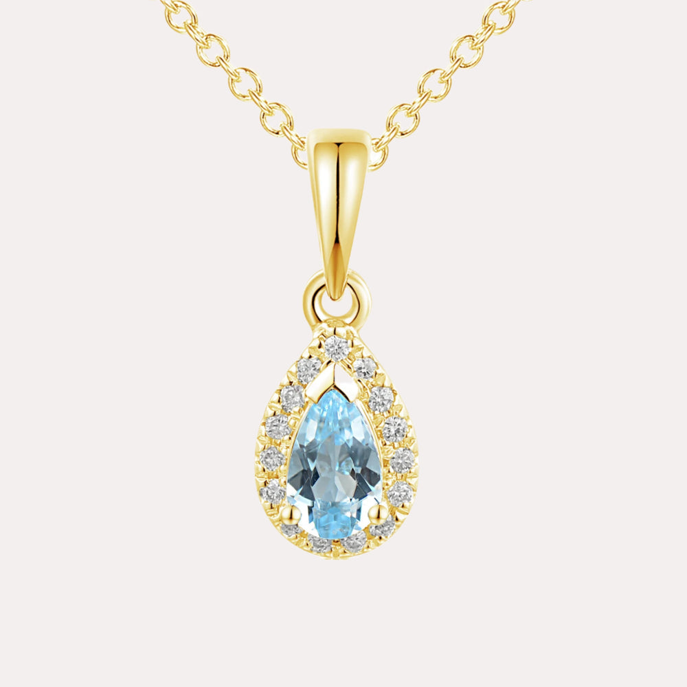 Pear Aquamarine Halo Pendant Necklace In 18K Gold - The Jewelyst. - Pear Aquamarine Halo Pendant Necklace In 18K Gold