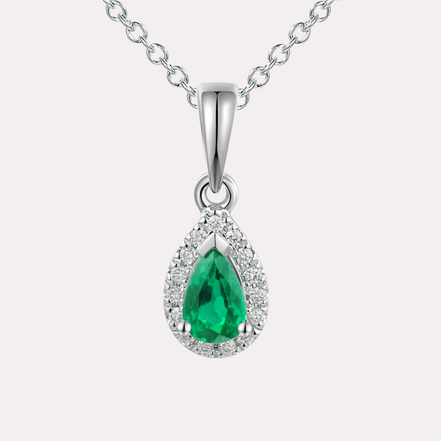 Pear Emerald Halo Pendant Necklace In 18K Gold - The Jewelyst. - Pear Emerald Halo Pendant Necklace In 18K Gold