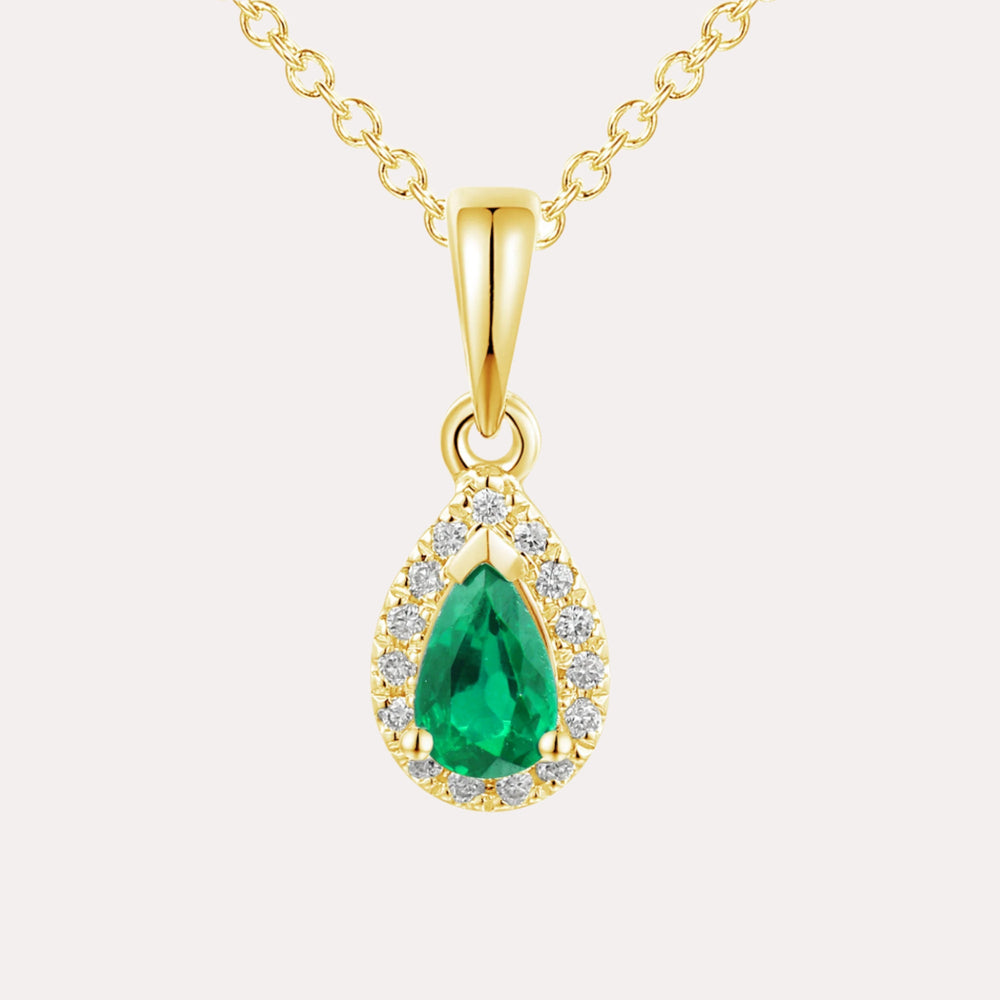 Pear Emerald Halo Pendant Necklace In 18K Gold - The Jewelyst. - Pear Emerald Halo Pendant Necklace In 18K Gold