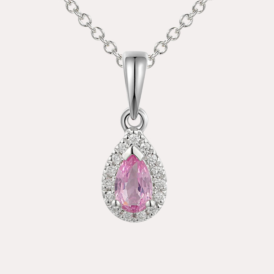 Pear Pink Sapphire Halo Pendant Necklace In 18K Gold - The Jewelyst. - Pear Pink Sapphire Halo Pendant Necklace In 18K Gold