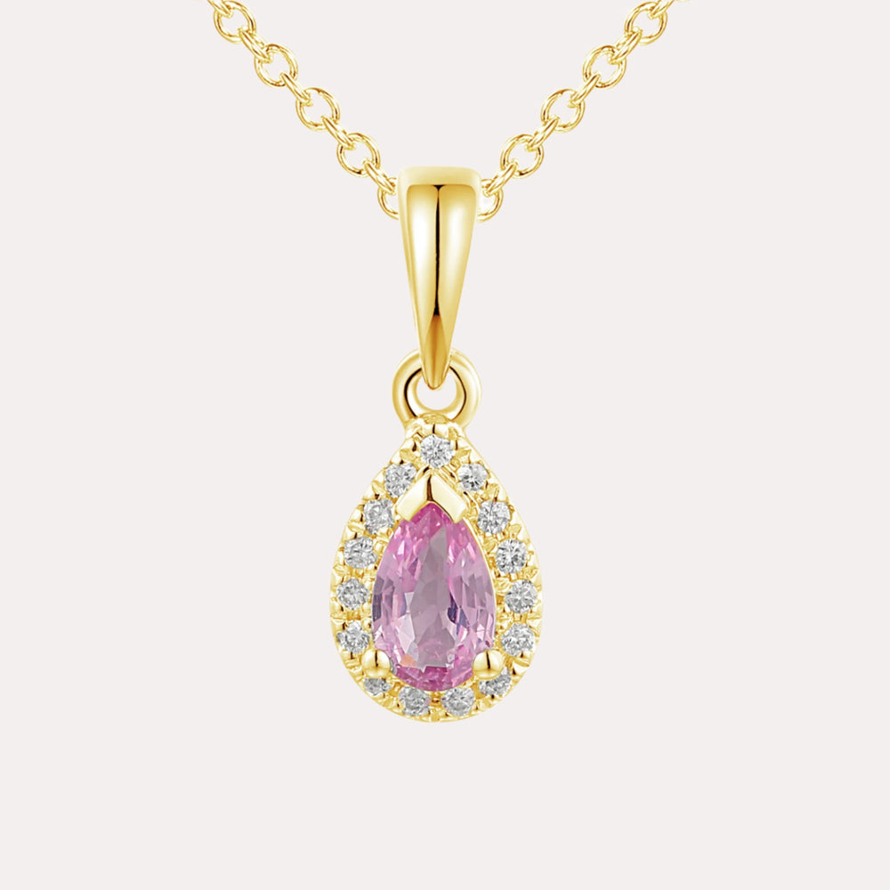 Pear Pink Sapphire Halo Pendant Necklace In 18K Gold - The Jewelyst. - Pear Pink Sapphire Halo Pendant Necklace In 18K Gold