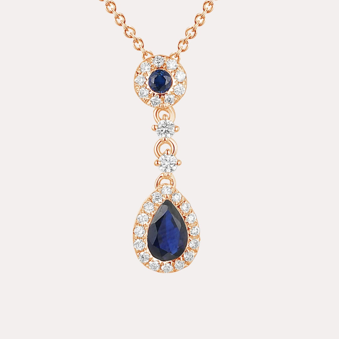 Pear Shape Blue Sapphire & Diamond Vintage Drop Pendant Necklace In 18K Gold - The Jewelyst. - Pear Shape Blue Sapphire & Diamond Vintage Drop Pendant Necklace In 18K Gold