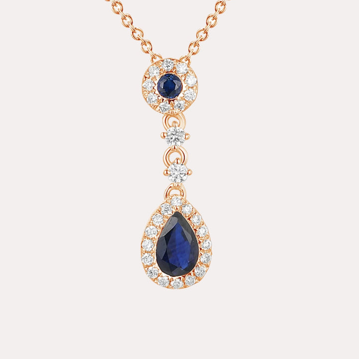 Pear Shape Blue Sapphire & Diamond Vintage Drop Pendant Necklace In 18K Gold - The Jewelyst. - Pear Shape Blue Sapphire & Diamond Vintage Drop Pendant Necklace In 18K Gold