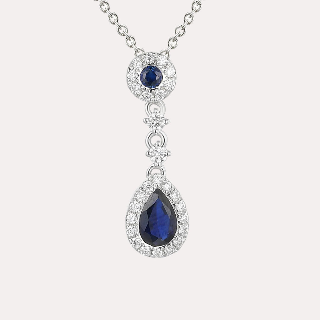 Pear Shape Blue Sapphire & Diamond Vintage Drop Pendant Necklace In 18K Gold - The Jewelyst. - Pear Shape Blue Sapphire & Diamond Vintage Drop Pendant Necklace In 18K Gold