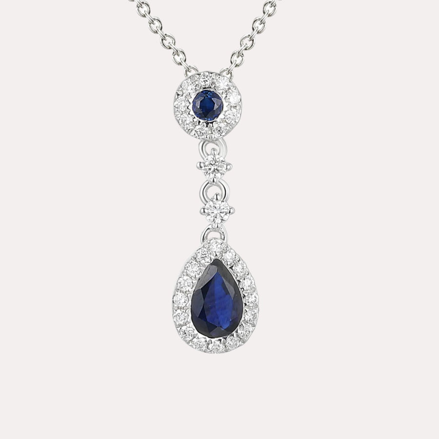 Pear Shape Blue Sapphire & Diamond Vintage Drop Pendant Necklace In 18K Gold - The Jewelyst. - Pear Shape Blue Sapphire & Diamond Vintage Drop Pendant Necklace In 18K Gold