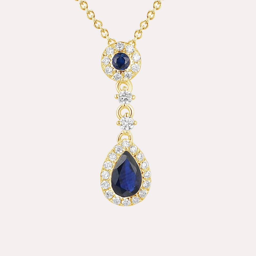 Pear Shape Blue Sapphire & Diamond Vintage Drop Pendant Necklace In 18K Gold - The Jewelyst. - Pear Shape Blue Sapphire & Diamond Vintage Drop Pendant Necklace In 18K Gold