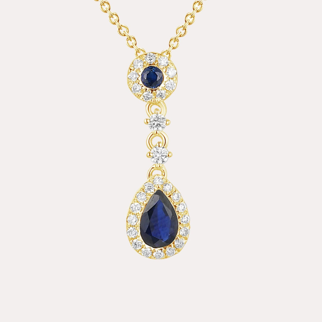 Pear Shape Blue Sapphire & Diamond Vintage Drop Pendant Necklace In 18K Gold - The Jewelyst. - Pear Shape Blue Sapphire & Diamond Vintage Drop Pendant Necklace In 18K Gold