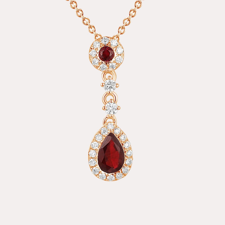 Pear Shape Ruby & Diamond Vintage Drop Pendant Necklace In 18K Gold - The Jewelyst. - Pear Shape Ruby & Diamond Vintage Drop Pendant Necklace In 18K Gold