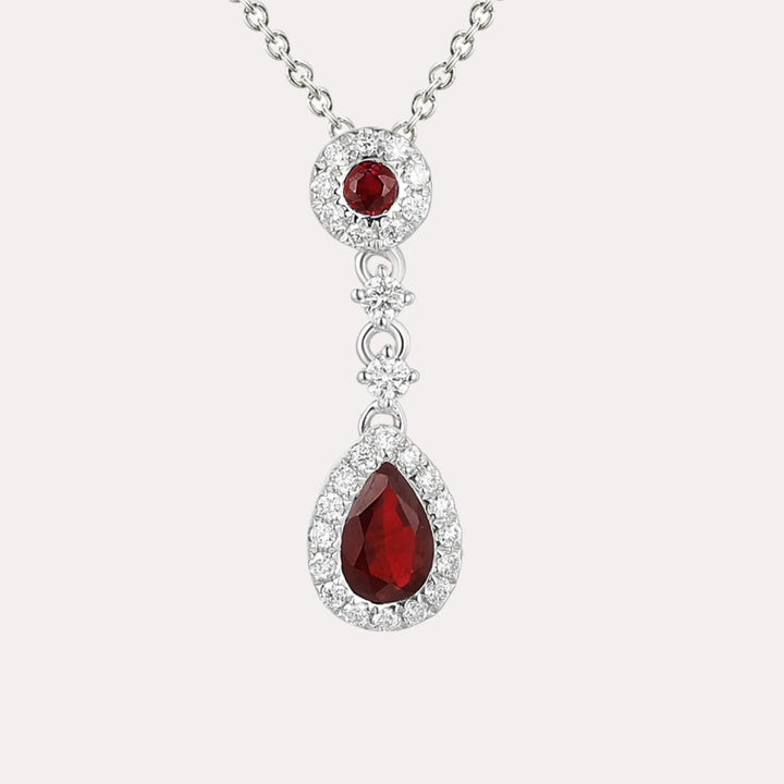 Pear Shape Ruby & Diamond Vintage Drop Pendant Necklace In 18K Gold - The Jewelyst. - Pear Shape Ruby & Diamond Vintage Drop Pendant Necklace In 18K Gold