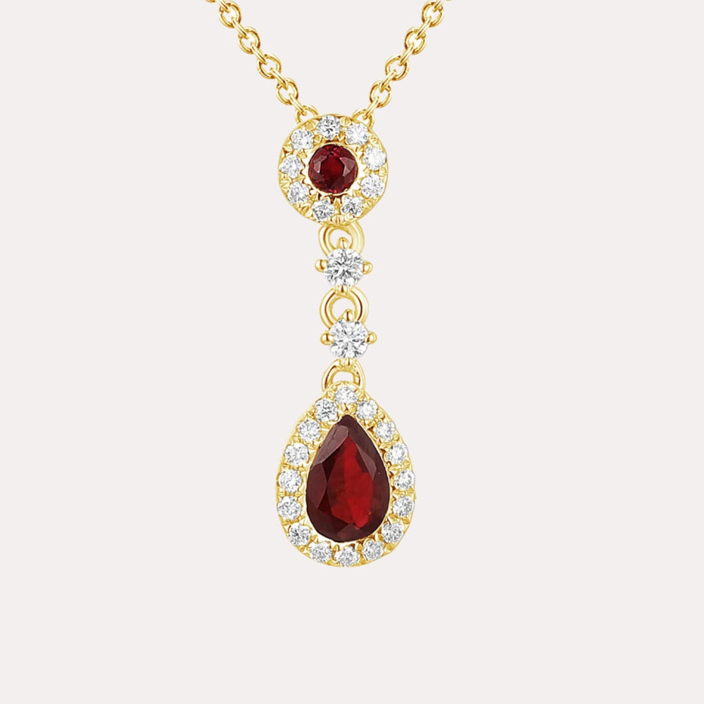 Pear Shape Ruby & Diamond Vintage Drop Pendant Necklace In 18K Gold - The Jewelyst. - Pear Shape Ruby & Diamond Vintage Drop Pendant Necklace In 18K Gold