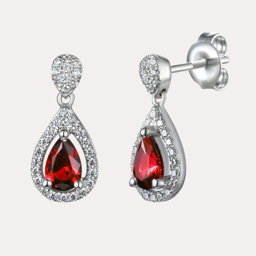 Pear Shape Ruby Halo Drop Earrings In 18K Gold - The Jewelyst. - Pear Shape Ruby Halo Drop Earrings In 18K Gold