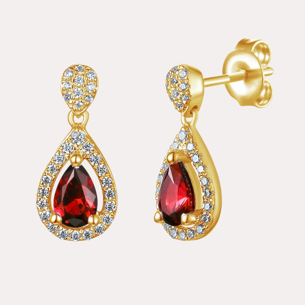 Pear Shape Ruby Halo Drop Earrings In 18K Gold - The Jewelyst. - Pear Shape Ruby Halo Drop Earrings In 18K Gold
