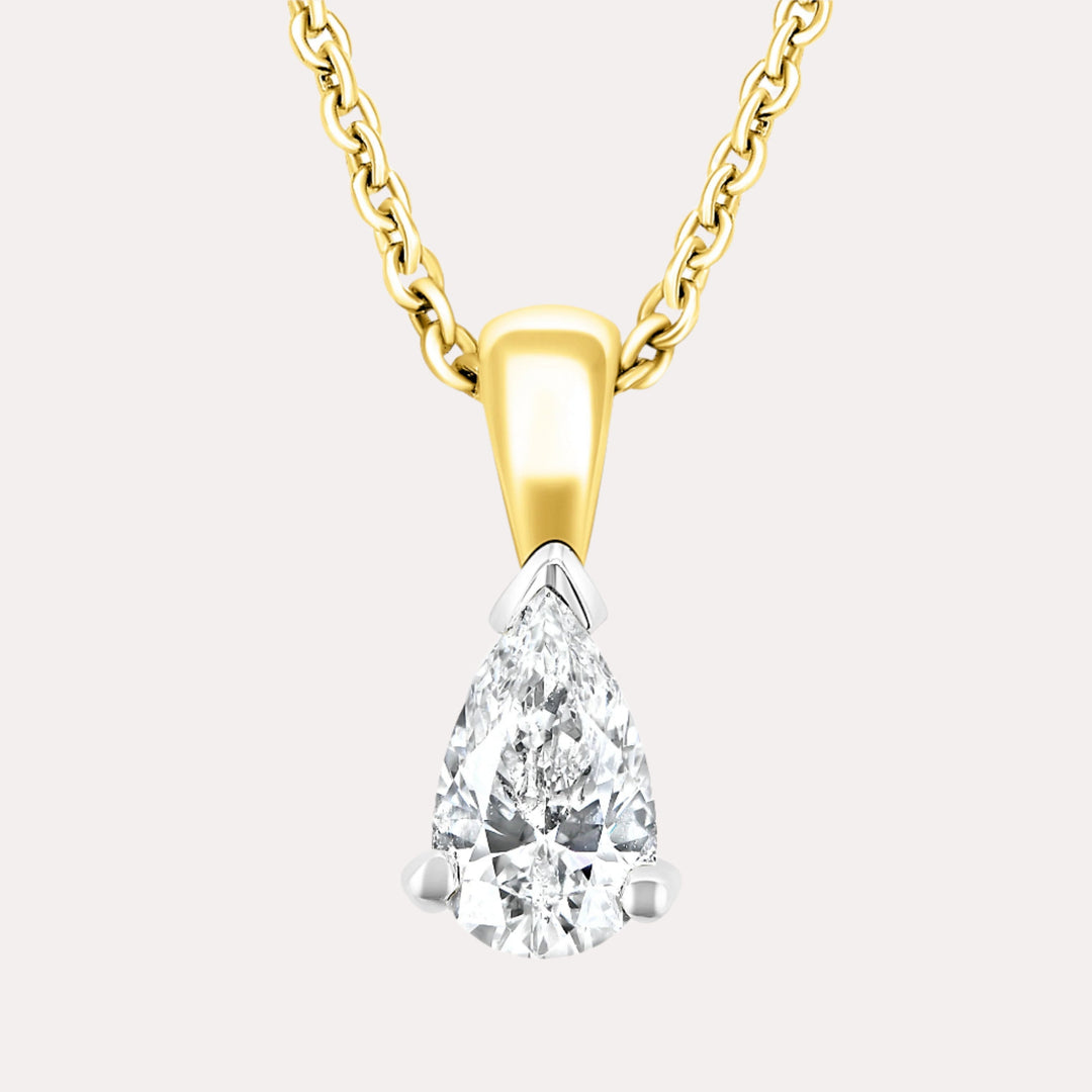Pear Shape Solitaire Diamond Pendant Necklace In 18K Yellow & White Gold 