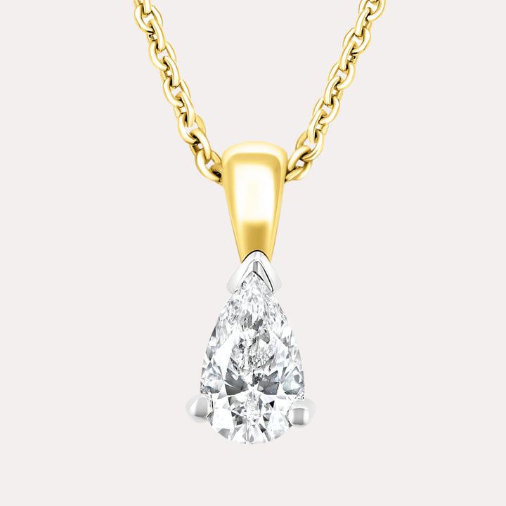 Pear Shape Solitaire Diamond Pendant Necklace In 18K Yellow & White Gold 