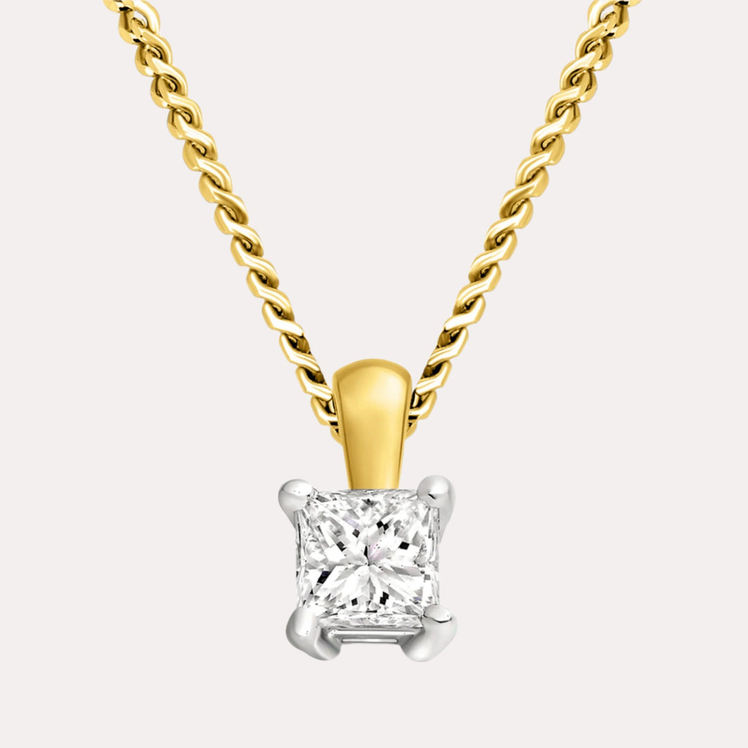 Princess Cut Diamond Solitaire Pendant Necklace In 18K Yellow & White Gold 