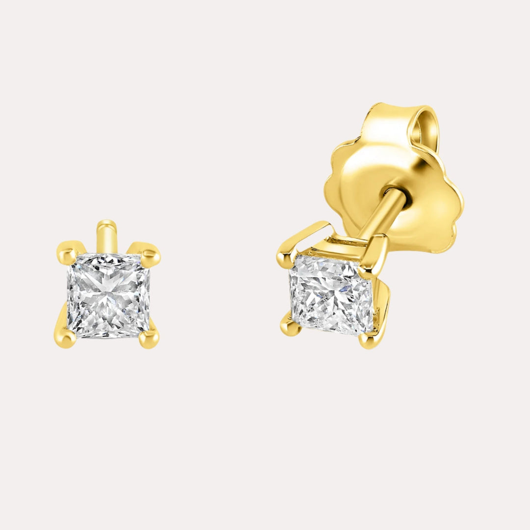 Princess Cut Diamond Stud Earrings In 18K Yellow Gold