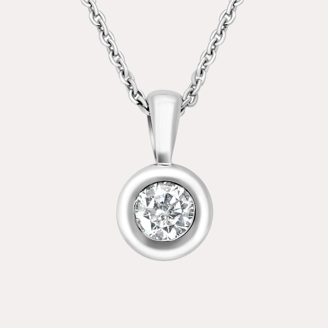 Round Brilliant Diamond Rubover Solitaire Pendant Necklace In 18K White Gold